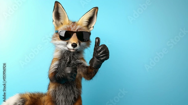 Fototapeta Fox in sunglasses and gloves showing thumb up isolated on blue background