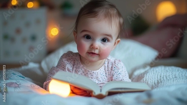 Fototapeta Sweet Baby with Sparkling Eyes Holding Book in Cozy Nursery with Soft Lighting, Creating a Heartwarming and Joyful Atmosphere for Late Night Reading