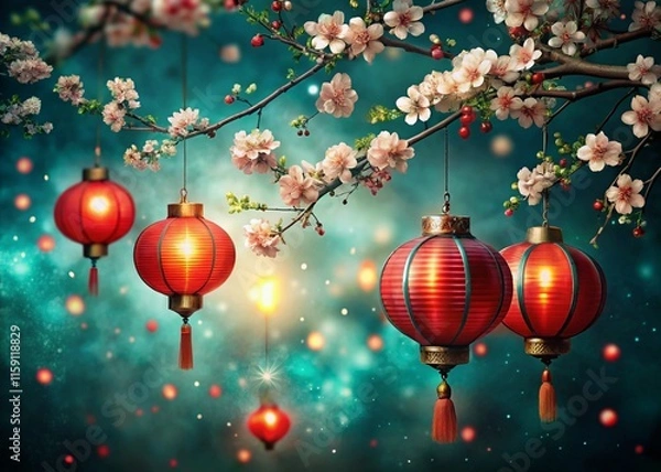 Fototapeta Bright traditional Chinese lanterns background generative ai