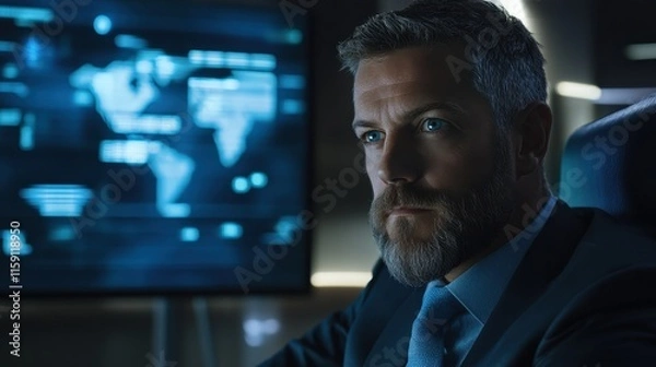 Fototapeta Professional Man in Suit with Technology Background and Screen