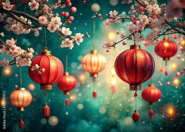 Fototapeta Bright traditional Chinese lanterns background generative ai