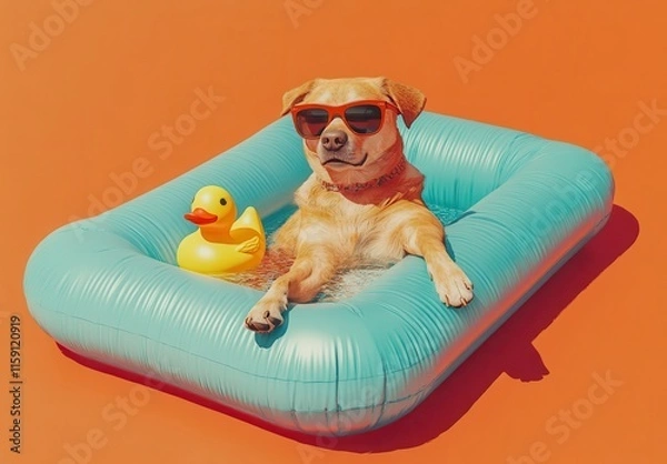 Fototapeta Relaxing Dog in Sunglasses on Float with Rubber Duck against Bright Orange Background for Fun Summer Vibes and Playful Pet Moments