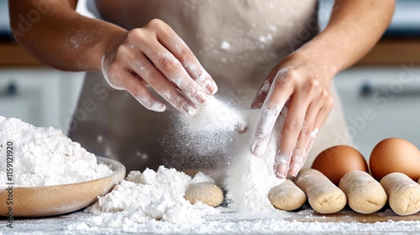 Obraz A woman's hands expertly kneading dough on a countertop, surrounded by flour and baking essential