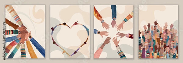Obraz Volunteer people group concept magazine flyer booklet editable template. Raised hand. Multicultural people holding hands
