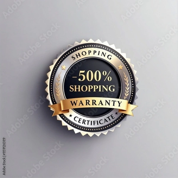 Obraz Black and gold circular badge with metallic emblem, 500% shopping warranty, and premium quality seal.

