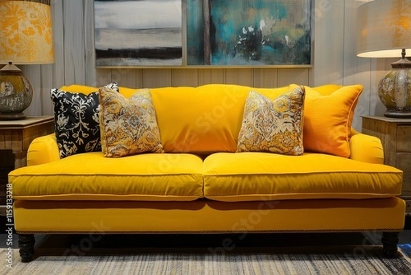 Fototapeta Vibrant Yellow Sofa with Cushions – Modern Interior Design Concept