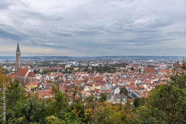 Fototapeta Small Bavarian city Landshut on a bright spring day from bird perspective