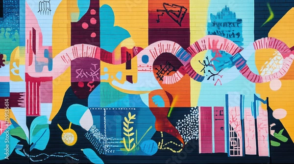 Fototapeta vibrant mural featuring colorful DNA sequences intertwined with abstract shapes and botanical elements, showcasing creativity and scientific themes