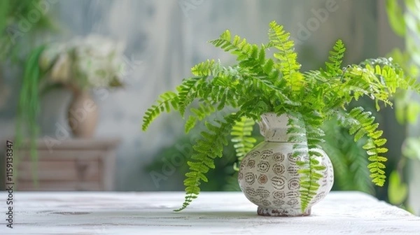 Fototapeta A delicate, frilly, maidenhair fern leaf rests on a white table, with a lovely, antique vase behind