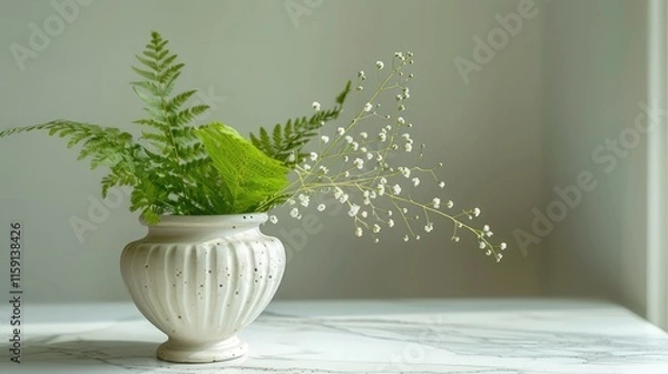 Fototapeta A delicate, frilly, maidenhair fern leaf rests on a white table, with a lovely, antique vase behind