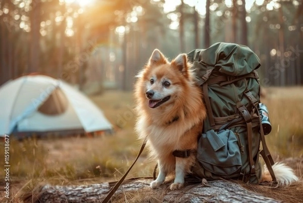 Fototapeta Dog exploring nature with backpack
