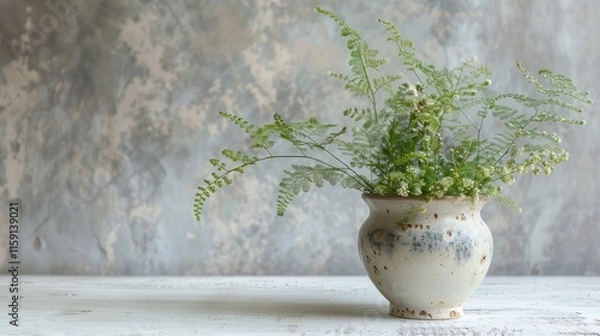 Fototapeta A delicate, frilly, maidenhair fern leaf rests on a white table, with a lovely, antique vase behind