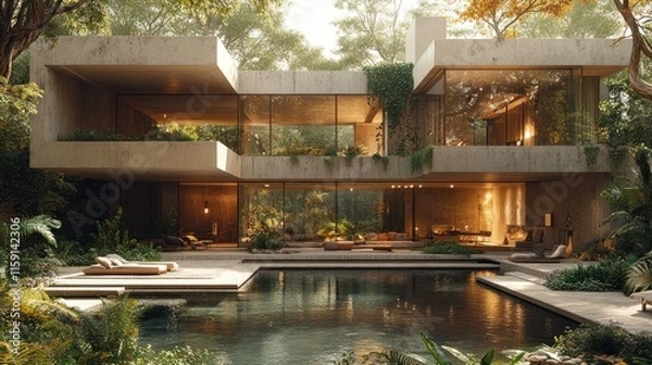 Fototapeta Modern concrete house with pool, nestled in lush jungle.