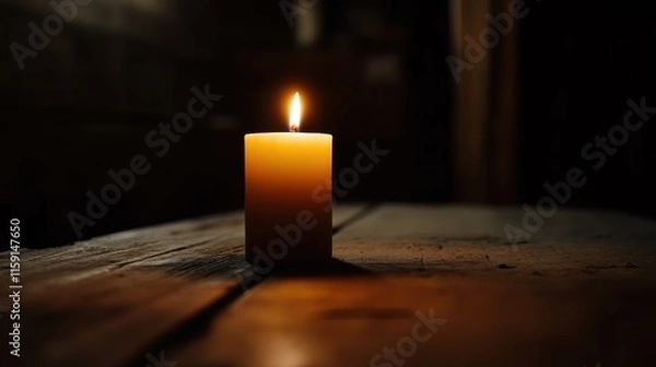 Obraz A minimalist composition of a single candle burning in a dimly lit room, close-up shot, Minimalist style