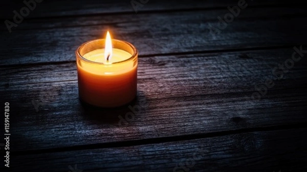 Obraz A minimalist composition of a single lit candle on a dark wooden surface, close-up shot, Minimalist style