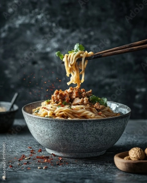 Obraz Suspended bowl of Dan Dan noodles showcases a vibrant mix of peanut sauce, minced pork, and a drizzle of chili oil