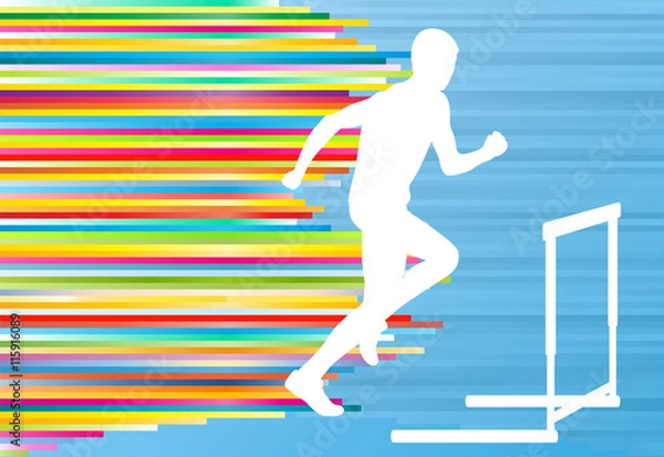 Fototapeta Track and field athlete competing during hurdle race barrier run