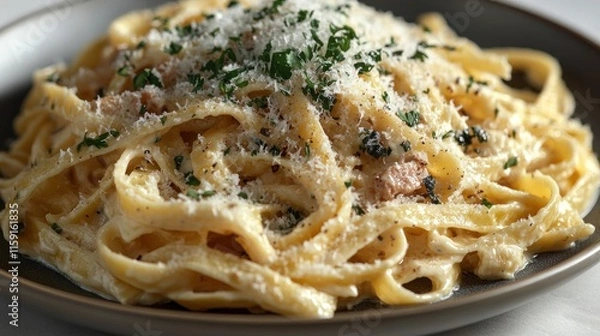Fototapeta Creamy pasta dish with parmesan cheese and parsley.