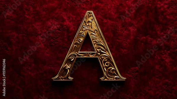 Fototapeta "A" with a gold texture and subtle engravings, placed on a rich, velvet-red background. 