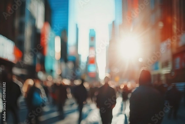 Fototapeta A busy city street with a blurred crowd walking under the sun. Background AI generated image