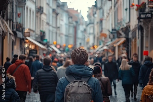 Fototapeta Crowd walking down a busy city street, telephoto lens, realistic daylight. Background AI generated image