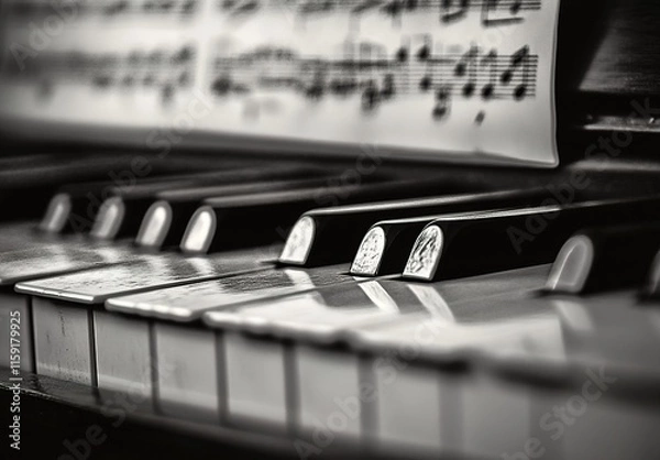 Fototapeta A close-up of an old, black and white music sheet on the piano keys, with notes in sharp focus. The background is blurred to emphasize the texture of the paper and musical symbols.