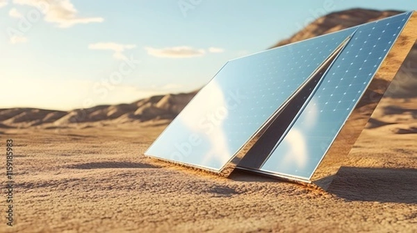 Fototapeta Solar Panels Resting in Desert Sands Under a Clear Sky