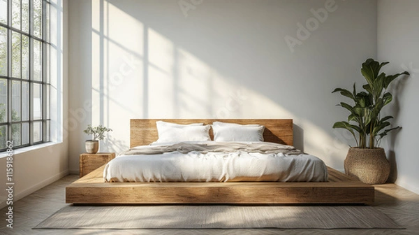Obraz Modern bedroom with wooden furniture and natural light creating a serene atmosphere