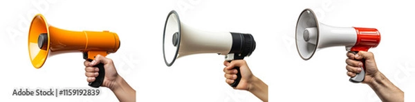 Obraz Three hands holding megaphones of different colors (orange, white, and red/white) are isolated on a transparent background.