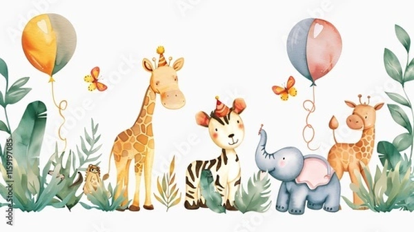 Fototapeta Vibrant Watercolor Safari Animals with Birthday Frames Vector Illustration