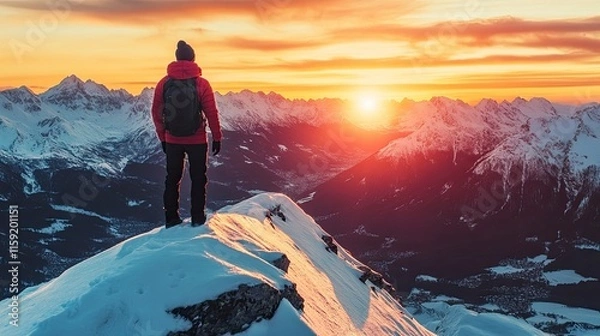 Fototapeta An inspiring motivational quote against a backdrop of a snowy mountain scene, encouraging adventure and resilience as the sun rises.