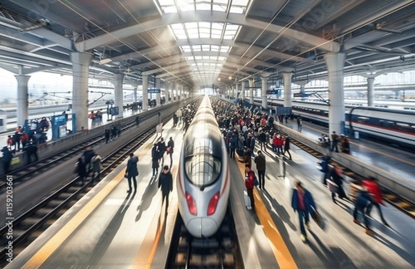Fototapeta modern railway station with high-speed train


