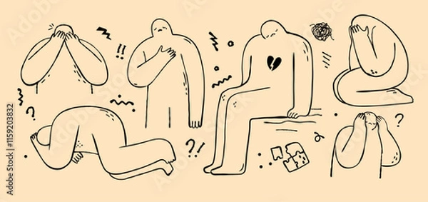 Fototapeta Abstract doodle people in depression set. Hand drawn vector illustration