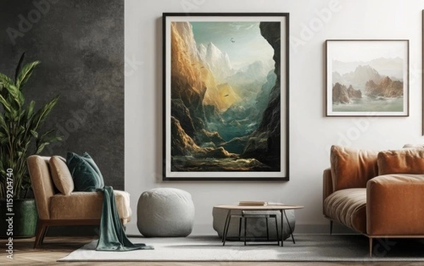 Fototapeta White poster framed in dark oak, displayed with an image of a massive underwater trench, with towering underwater mountains and creatures that are adapted to extreme depths