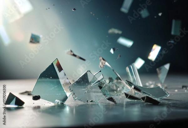 Obraz background of broken pieces of glass turned at different angles, flying in space, reflecting glare of light
