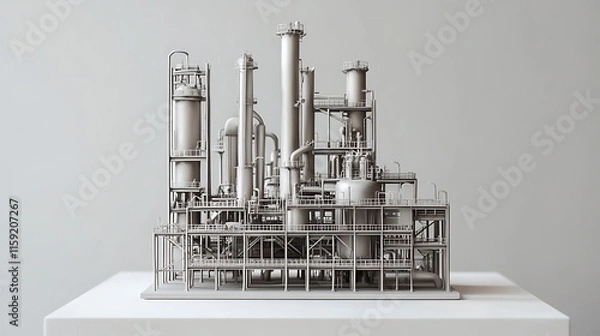 Fototapeta 16. Factory model with realistic metal framework, pipes, and machinery details on a white table