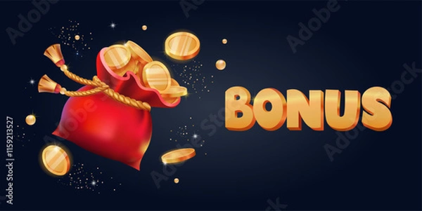 Obraz Red Bag With Gold Coins. Bonus. Horizontal Banner. Gift. 3d vector Illustration