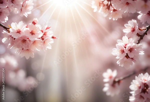 Obraz background of many sakura flowers through which the rays of the sun penetrate, which conveys the spring mood