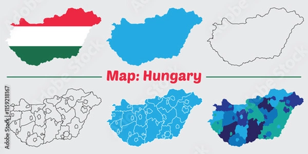 Fototapeta Hungary country map set. internal provinces borders marked, Simple map of Hungary vector drawing, Filled and outline.