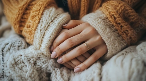Fototapeta 9. Close-up of hands gently clasped together on a cozy wool blanket