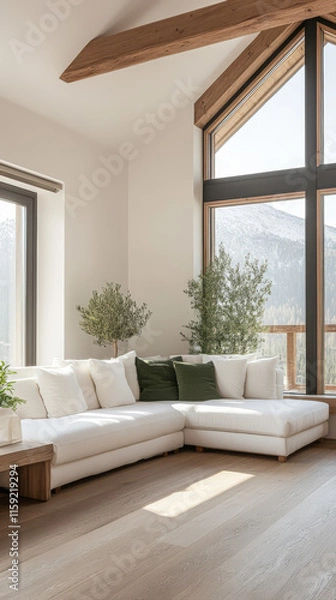 Fototapeta Cozy living room with large windows and mountain view in a modern cabin setting