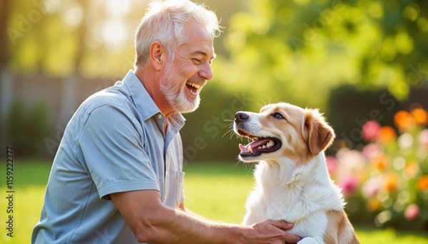Fototapeta Smiling senior man playing with his dog in a sunlit garden Copy space