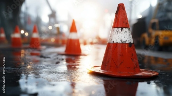 Fototapeta Safety cones creating hazards urban settings an -depth analysis traffic management challenges