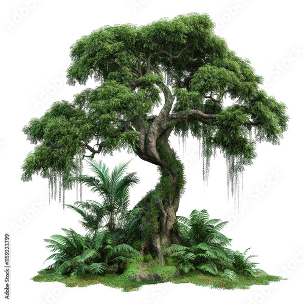 Fototapeta rainforest tree covered in vines and moss stands surrounded by lush ferns