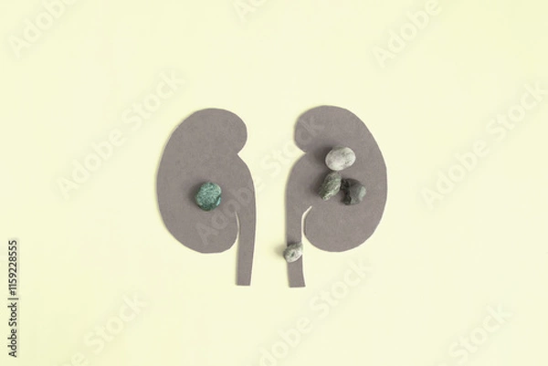 Fototapeta Schematic image of kidneys and stones in them in close-up on a light background. Kidney diseases