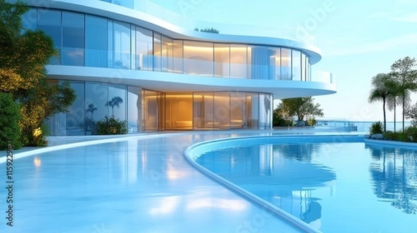 Fototapeta Modern architectural design featuring a sleek poolside view of a contemporary home.