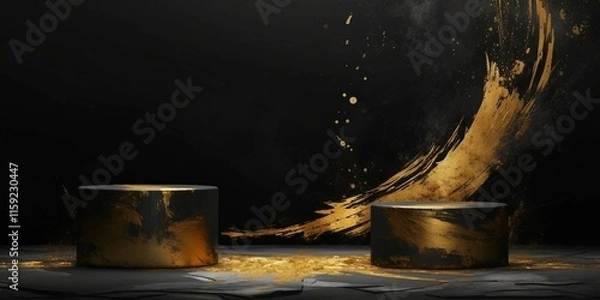 Obraz 黒背景に筆跡イメージの金色装飾がある二つの丸い展示台がある抽象和風横長バナー