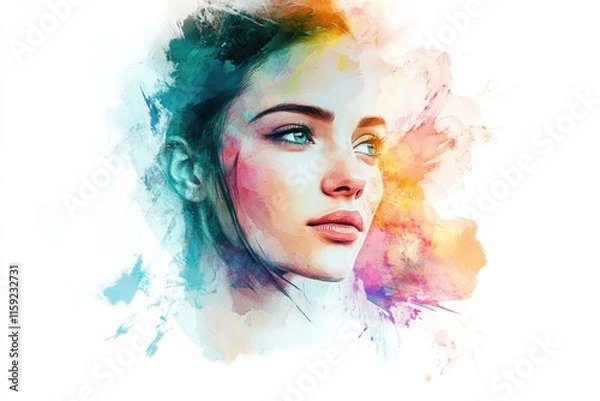 Fototapeta A beautiful woman's face painted with watercolors, suitable for artistic or personal use
