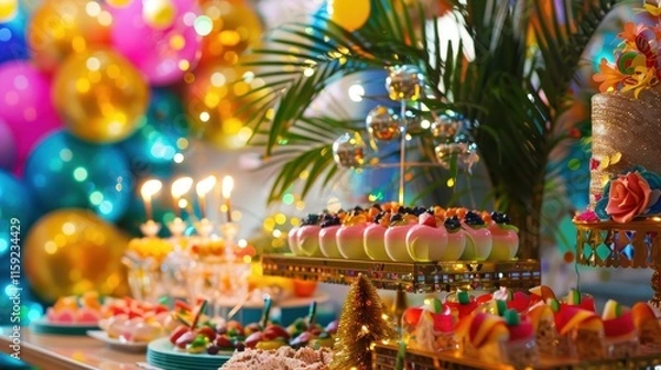 Fototapeta A joyful New Year party props setup, with vibrant decorations and a playful ambiance,