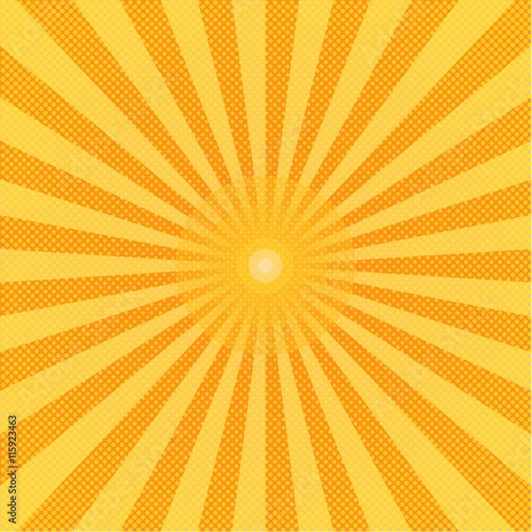 Obraz Sun in pop art style.  Halftone color background. Pattern design for banner, poster, brochure. Vector illustration.